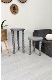 Resim ASELYA HOME Doğal Ahşap 2’li Set Boncuk Ayaklı Yan Sehpa Modern Antrasit Renk Fiskos Zigon Çiçeklik 