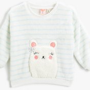 Resim Kız Bebek Peluş Hayvan İşlemeli Çizgili Sweatshirt Bisiklet Yaka 