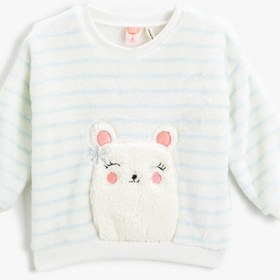 Resim Kız Bebek Peluş Hayvan İşlemeli Çizgili Sweatshirt Bisiklet Yaka 