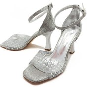 Resim Gümüş Renk Şeffaf Boncuklu Bant Kadeh Topuk Kadın Abiye Ayakkabı Gümüş 