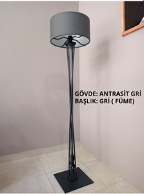 Resim Ahşap Modern Lambader Antrasit Gri Gri 