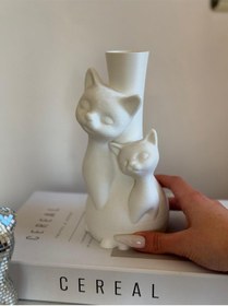Resim Plastik Yapay Çiçeklerle Uyumlu Kedi Figürlü Şık Ve Sevimli Dekoratif Vazo Beyaz 