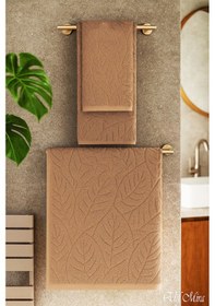 Resim Banyo & Yüz Havlusu Seti Dokulu %100 Pamuk 90x150 + 50x90 Cm Foliva Bej 