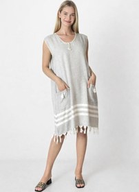 Resim DRESSY LIFE El Yapımı İğne Oyası İşlemeli Cep Detaylı Kolsuz Peştemal Plaj Elbisesi Geniş Kesim 