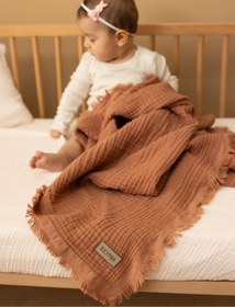 Resim ZEYPBA % 100 Pamuk 4 Katlı Müslin Örtü Mocha Mousse 110x110 cm (Bebek & Çocuk İçin) Püsküllü 