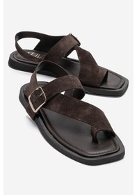 Resim Luvishoes Curry Kahverengi Süet Hakiki Deri Parmak Arası Kadın Sandalet 