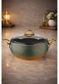 Resim Caldora Granit Güveç Tencere Seti 9 Parça Cam Kapaklı Set 20 Cm 24 Cm 28 Cm Derin Tencere + 28 Cm Basık + 28 Cm Tava Gold 