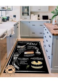 Resim Menu Desenli Dekoratif Halı Makinede Yıkanabilir Yolluk Siyah 