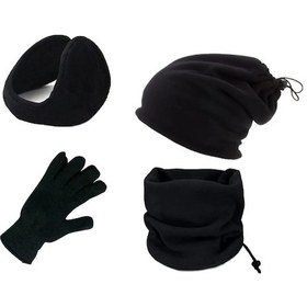 Resim 4 Lü Set Soğuk Geçirmez 2'li Polar Boyunluk,kulaklık Ve Örgü Kesik Eldiven Siyah 