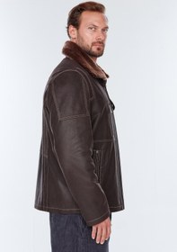 Resim Angelo(Plus) Erkek Kahverengi Yakası Kürklü Deri Ceket - Kahverengi / 