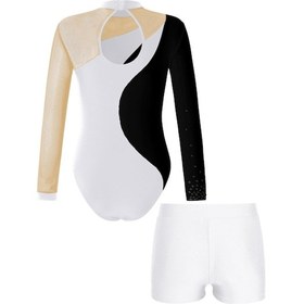 Resim Mor - Siyah Çocuk Kız Artistik Patinaj Jimnastik Kostüm Rhinestones Hollow Sırt Patchwork Uzun Kollu Leotard Şortlu Mor - Siyah 