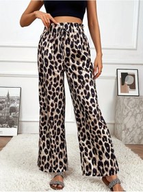 Resim Kadın Yüksek Bel Beli Lastikli Bağcıklı Leopar Desenli Süprem Pantolon Karışık 