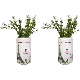 Resim 2 Adet Vazo Dahil,vazoda Çiçek,beyaz Yapay Çiçek,vazo Dekoratif Eyfel Kulesi 7x7x16cm Çok Renkli 