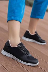 Resim BOUIS Kadın Siyah-beyaz Bağcıklı Günlük Fileli Sneaker Rahat Şık Sağlam Yumuşak Yürüyüş Spor Ayakkabı 
