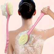 Resim 1 adet Uzun Saplı Yumuşak Kıllı Banyo Fırçası - 2'si 1 Arada Nazik Peeling Vücut Ovucu & Masaj Aleti, Kokusuz, Dayanıklı Malzeme, Pembe Japon Estetik Tasarım ile Sarı Kıllar Derin Temizlik & Cilt Masajı için 