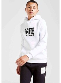 Resim Leave Me Alone Baskılı Unisex Çocuk Kapüşonlu Beyaz Sweatshirt (528975927) 