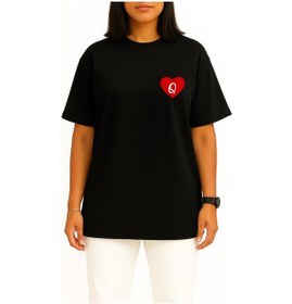 Resim Bahriyeli Collection Oversize Sevgililer Günü Özel Kalp İçinde Q Harfi Cep Baskılı Unisex T-shirt Siyah 