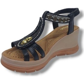 Resim İzlife 137 Kadın Siyah Lastikli Taşlı Tokalı Dolgu Taban Sandalet Ayakkabı Siyah 