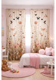 Resim Çocuk Odası Çift Kanatlı Fon Perde Kelebekli Çiçek Tarlası Desenli 