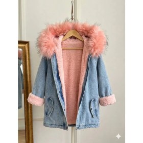 Resim Burçak Butik Kız Çocuk Kapüşonlu Içi Peluş Kürklü Kot Mont Kaban - Kışlık 