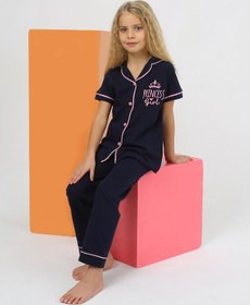 Resim Kız Çocuk Kısa Kollu %100 Pamuklu Düğmeli Pijama Takımı Princess Indigo 