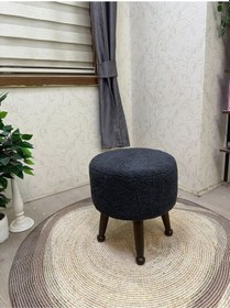 Resim Asedia Miskin Ceviz Teddy Antrasit Ahşap Ayaklı Peluş Puf Makyaj Koltuğu Yuvarlak Tabure 