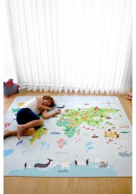 Resim Dünya Haritası Oyun Matı 120x160 cm Bebek Çocuk Halısı Mavi Yenidoğan Yumuşak Aktivite Etkinlik Örtüsü 