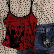 Resim Kadınların Retro Kırmızı Punk Atleti, "Let's Rock" Grafikli, Siyah Askılı ve Yıldız Desenli - Y2K Stili Kolsuz Crop Top, Günlük, Yaz ve Tatil Giyim, Tatil Kıyafetleri | Y2K Modası | Esnek Kumaş 