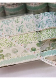 Resim Vintage Washi Tape Bant Baskılı Yapışkanlı Maskeleme Kağıdı 45d Desenli Bant 10'lu - Yeşil Yapraklar 1 