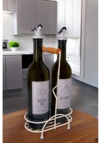 Resim Digithome Petra 2'li Krem Metal Standlı Ahşap Saplı Yağdanlık Seti Gümüş Etiketli Amber Yağlık 750 Ml Krem 