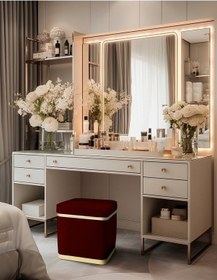 Resim Zengo Gold Twin Line Kare Puf -bordo Kumaş, Dekoratif Makyaj Masası Pufu-modern Style 