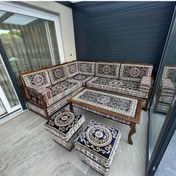 Resim Sultan Sedir Hanzade Lacivert Şark Köşesi - 200cm 240cm L Köşe Takımı (1Sehpa 2Puf 2Kolçak) 