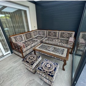 Resim Sultan Sedir Hanzade Lacivert Şark Köşesi - 200cm 240cm L Köşe Takımı (1Sehpa 2Puf 2Kolçak) 