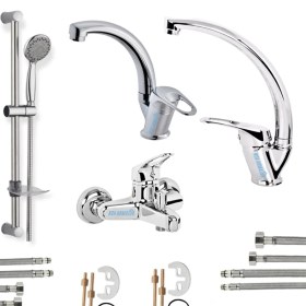 Resim Elmina Armatür Sürgülü Duş - Banyo - Lavabo - Mutfak Bataryası Çeşmesi Musluğu 4'lü Set 