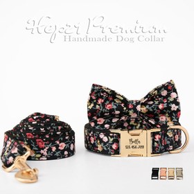Resim Dog Collar Named flower patterned neck collar 703954 - Black Leash + Bow Tie + Strap / S 