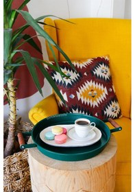 Resim Kitchen Trend 37 Cm Ahşap Kulplu Metal Yuvarlak Yeşil Tepsi Sunum 