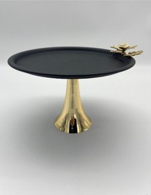 Resim Ayaklı Siyah Yuvarlak Metal Çay Ve Kahve Servis Sunum Tepsisi 