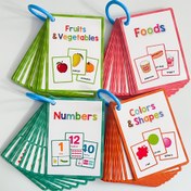 Resim 80 adet Renk, Şekil, Sayı, Meyve, Sebze ve Yiyecek içeren, Çocuklar için İngilizce Öğrenme ve Kelime Gelişimine Yardımcı Olmak İçin Tasarlanmış Eğitici Flaş Kartlar. 