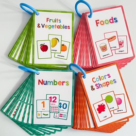 Resim 80 adet Renk, Şekil, Sayı, Meyve, Sebze ve Yiyecek içeren, Çocuklar için İngilizce Öğrenme ve Kelime Gelişimine Yardımcı Olmak İçin Tasarlanmış Eğitici Flaş Kartlar. 
