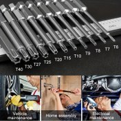 Resim T6-T40 boyutlarında, 75mm uzunluğunda, S2 alaşımlı çelikten yapılmış 11 parça Hassas Yıldız Torx Bit Seti, Araç ve Elektrik Bakımı için Mekanik ve Ev Yapımı Aracı Kiti, Altıgen Soket ile 