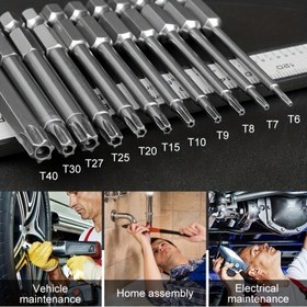 Resim T6-T40 boyutlarında, 75mm uzunluğunda, S2 alaşımlı çelikten yapılmış 11 parça Hassas Yıldız Torx Bit Seti, Araç ve Elektrik Bakımı için Mekanik ve Ev Yapımı Aracı Kiti, Altıgen Soket ile 
