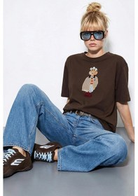 Resim Shade Kadın Köpek Nakışlı Taş İşlemeli Relaxed Fit Pamuk T-shirt 1077 60286067 - Acı Kahve Acı Kahverengi L 