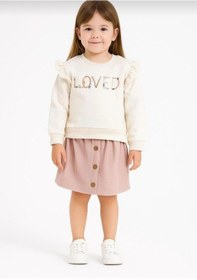 Resim Kız Çocuk "loved" Nakışlı Sweatshirt Ve Kadife Etek İkili Takım-107581b Beyaz 