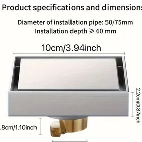 Resim Elmpaly 304 Paslanmaz Çelik Gizli Drenaj - Kare Duş Pisuvarı, Koku Önleyici, Paslanmaz Gümüş Renk, 3.94x3.94 İnç 