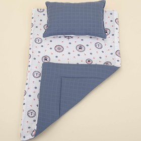 Resim Alt Açma Matı ve Yastık - Çift Taraflı - İndigo Muslin - Mavi Gemili 