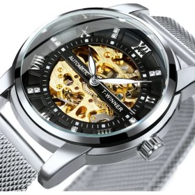 Resim Hanyang Gümüş-Siyah Wınner Deluxe Saat Erkekler Için Mekanik Elmas Tasarım Kadran Aydınlık Eller Gümüş Örgü Paslanmaz Çelik Kayış Saat Erkek (Yurt Dışından) 