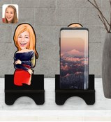 Resim Bk Gift Kişiye Özel Kadın Karikatürlü Ahşap Biblo Telefon Standı-12 