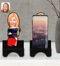 Resim Bk Gift Kişiye Özel Kadın Karikatürlü Ahşap Biblo Telefon Standı-12 