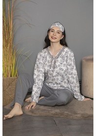 Resim Tekten 0200 Çiçek Desenli Uzun Kollu Kadın Pijama Takımı Gri 
