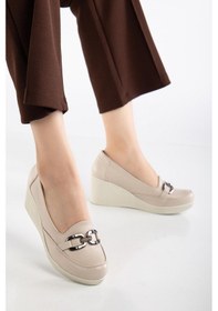 Resim Dilimler Ayakkabı Kadın Dolgu Topuklu Ayakkabı Bej Yüzlü Tokalı-3812 Bej 